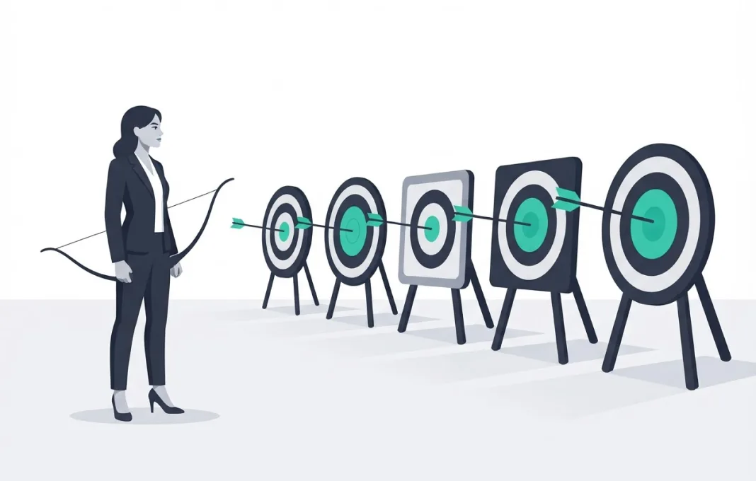A calm archer faces a row of targets, each with one arrow in the bullseye
