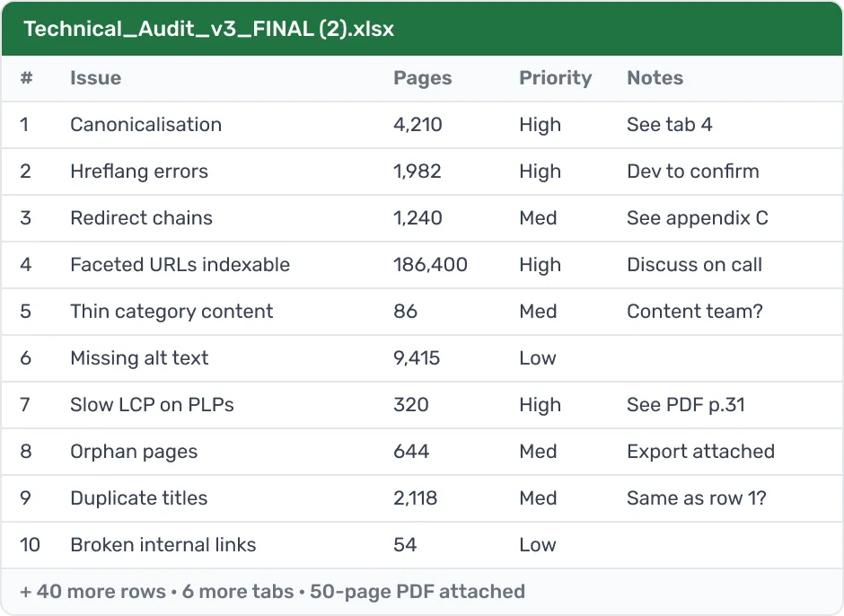 A technical audit spreadsheet with 50 rows of issues, notes such as 'see tab 4', and a 50-page PDF attached