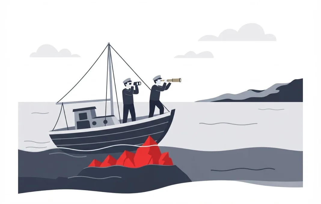 Two sailors look at the far coast through a telescope while red rocks sit right under their boat