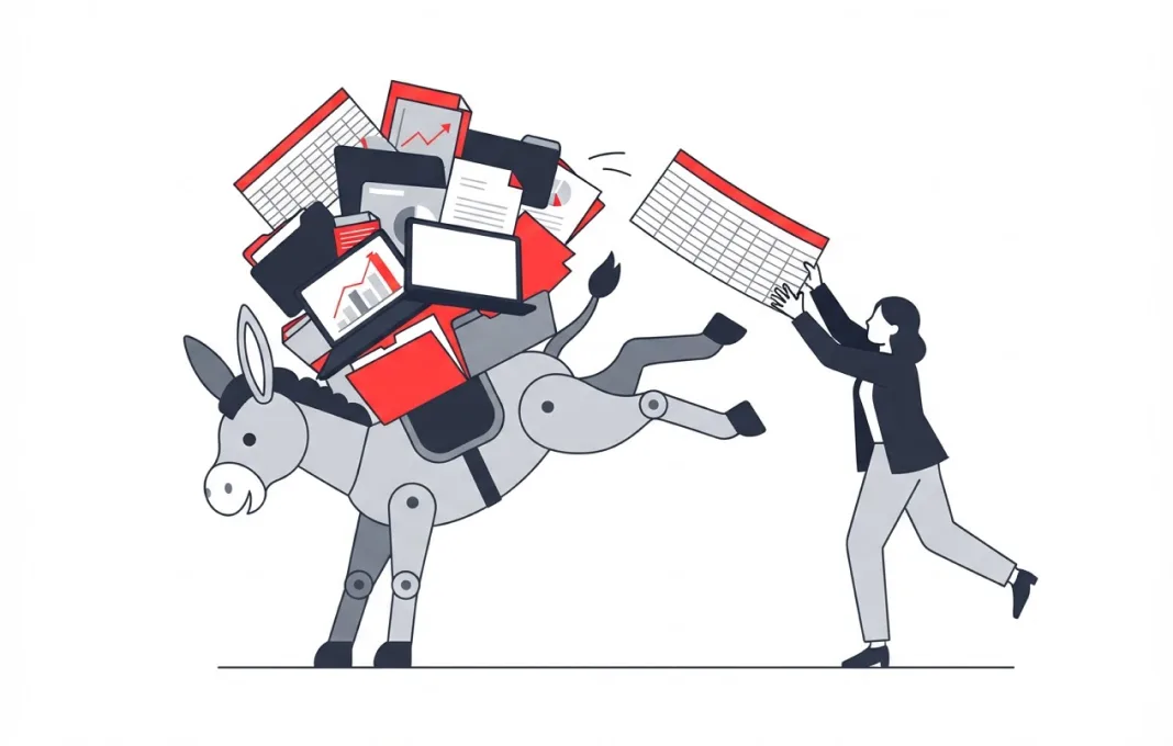 A person piles one more spreadsheet onto an overloaded toy mule, which bucks and kicks back at them