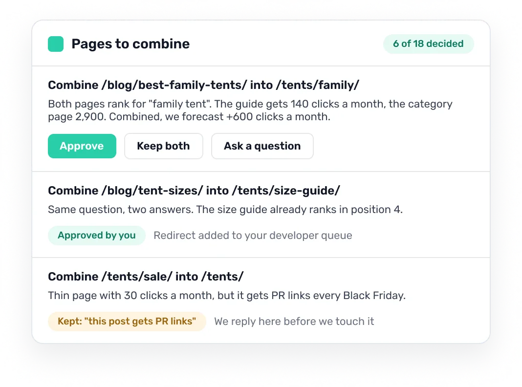 Pages to combine in the client portal: each decision shows its clicks and forecast, with Approve, Keep both and Ask a question buttons