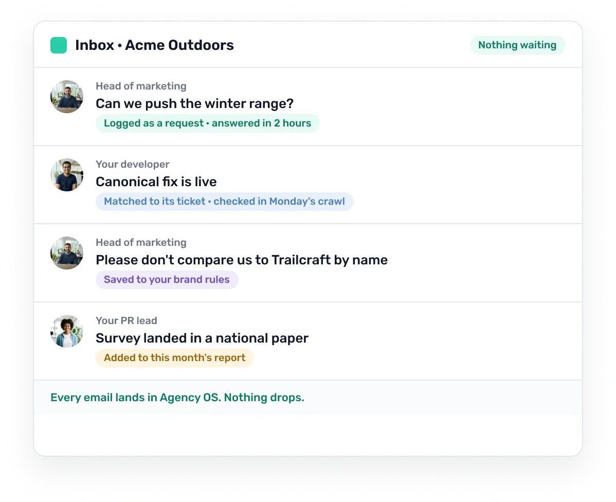 The Agency OS inbox: each client email is logged, matched to its ticket or saved to the brand rules