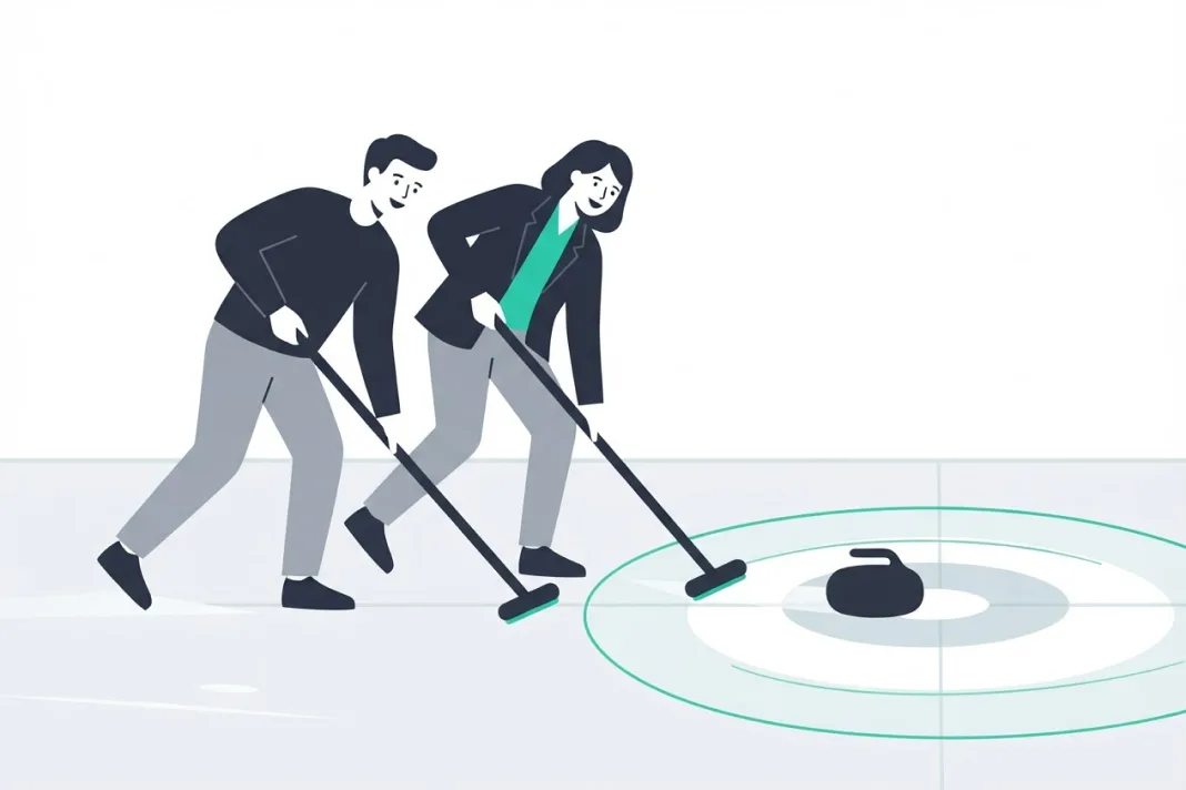 Two people sweep the ice together in front of one curling stone heading for the target