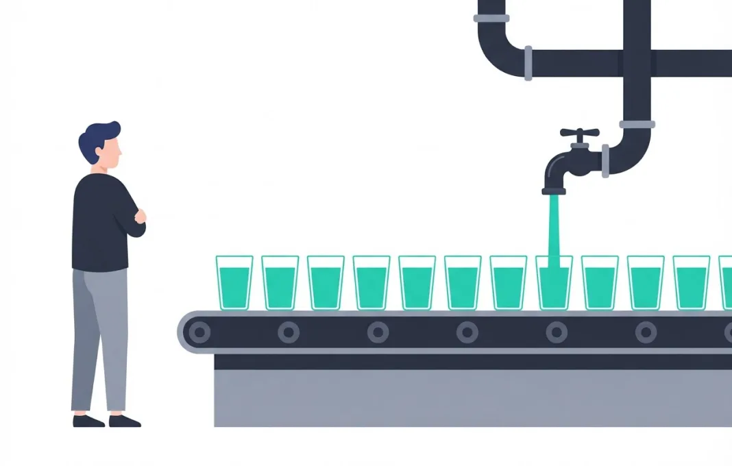 One tap fills a row of glasses on a conveyor belt, one after another