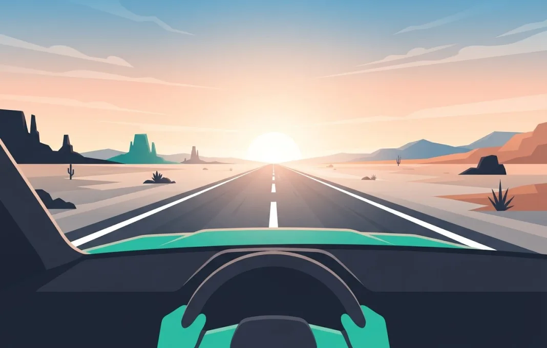 An empty desert highway runs straight towards the rising sun