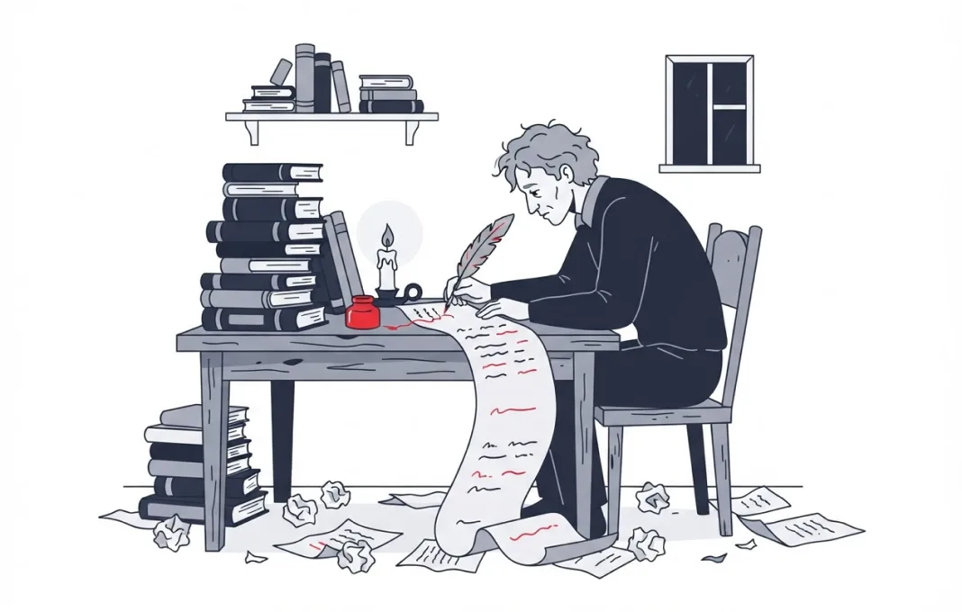 A tired writer slowly fills a long parchment scroll with a quill and red ink, surrounded by books