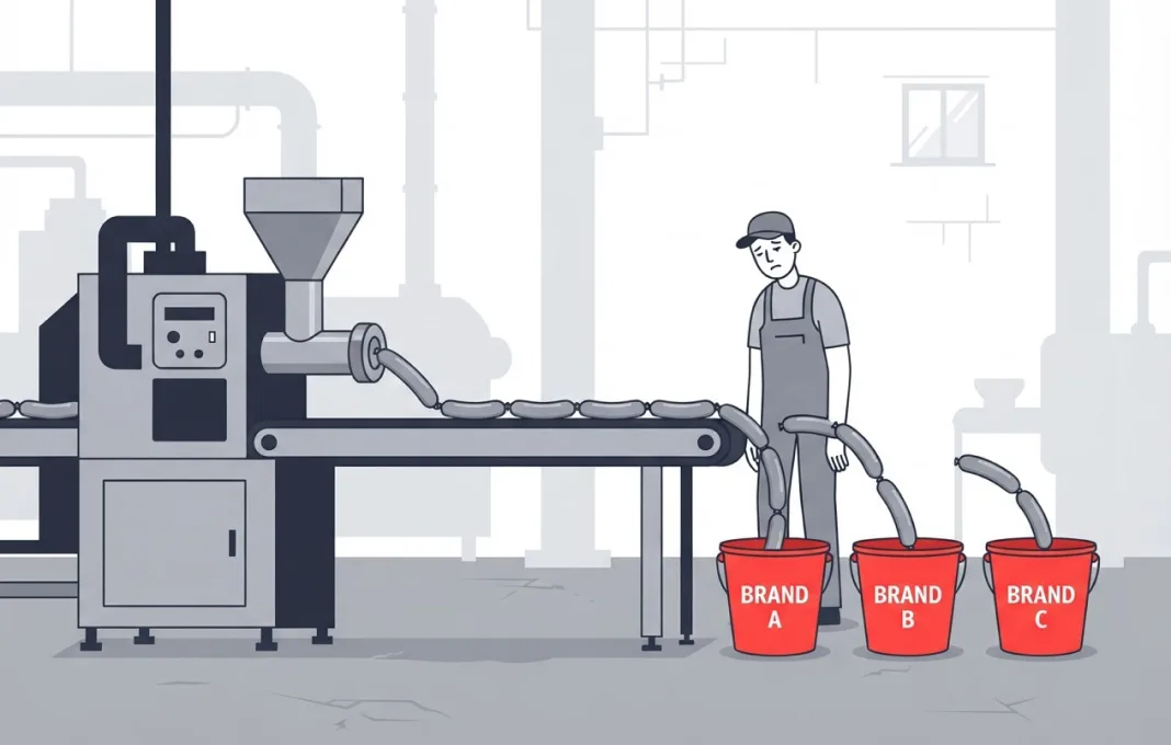 A grey factory drops identical sausages into buckets labelled Brand A, Brand B and Brand C
