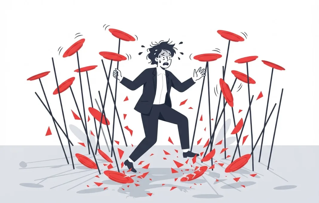 A stressed person surrounded by red plates on sticks, several smashing on the floor