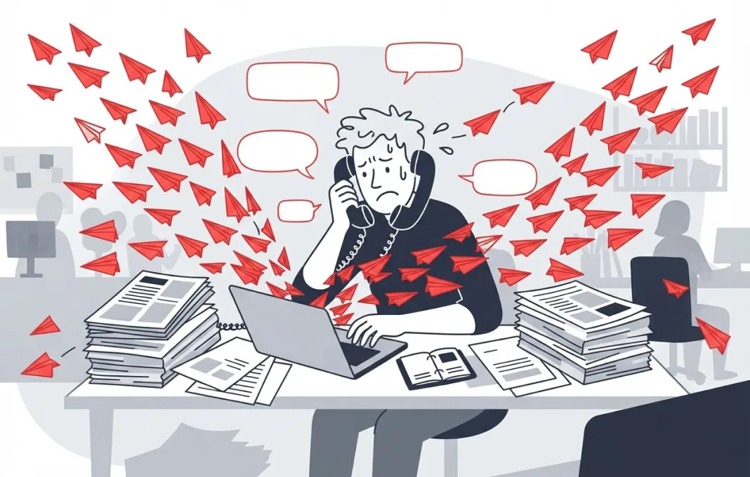 A stressed PR person on two phones as hundreds of red paper-plane emails fly out of a laptop