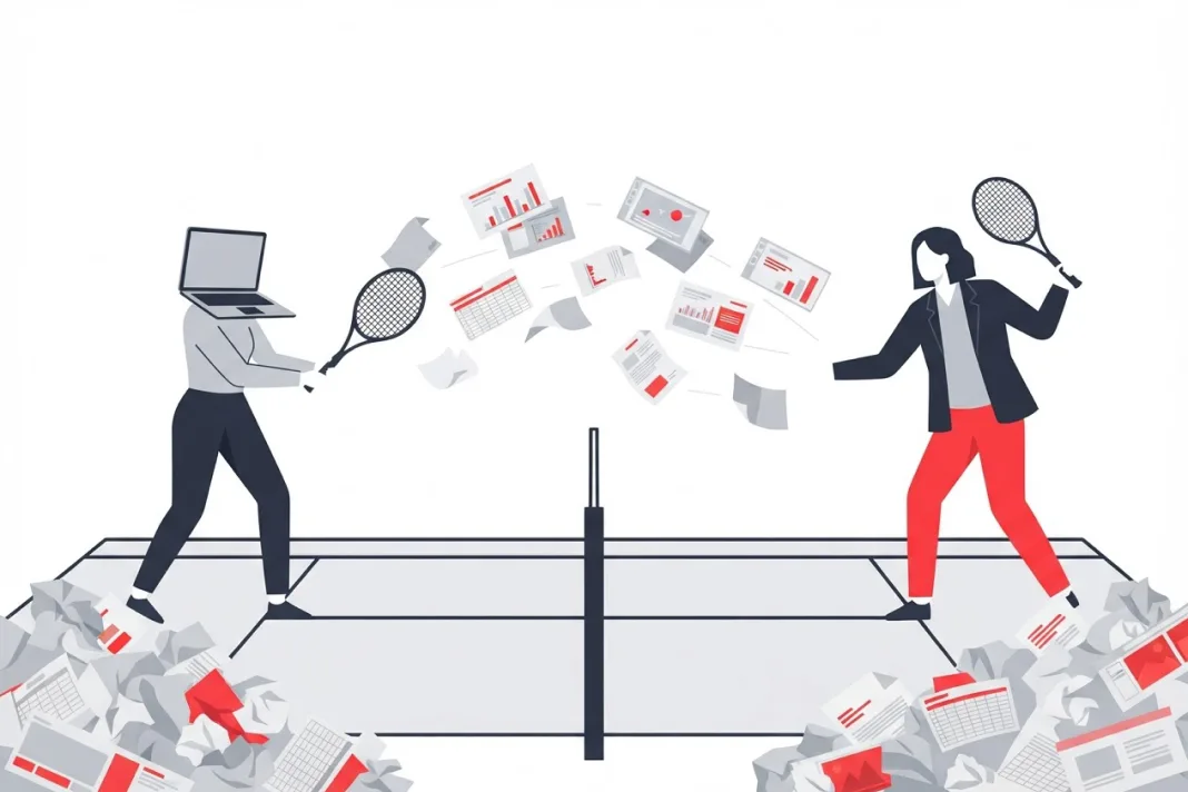 Two players hit documents and spreadsheets back and forth over a tennis net while piles of paper grow at their feet