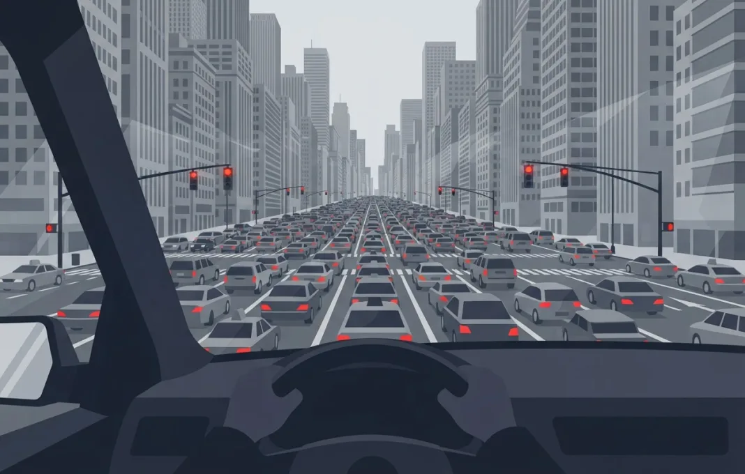 A driver's view of a city street jammed with traffic under red lights