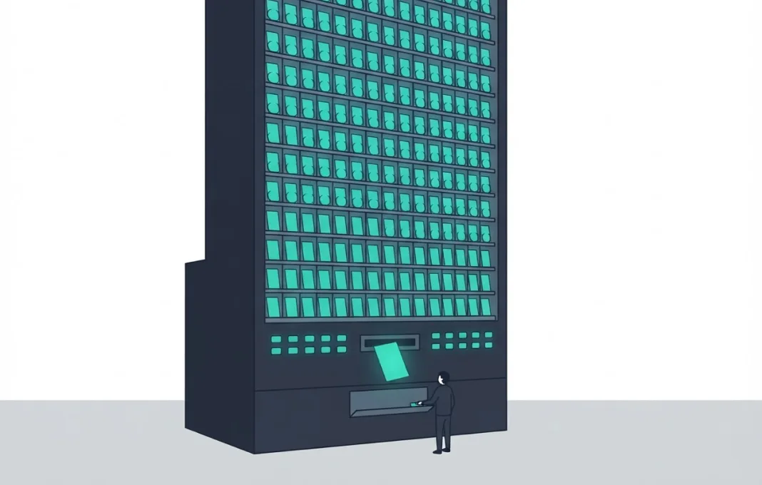 A vending machine the size of a building drops an answer to a small person waiting below