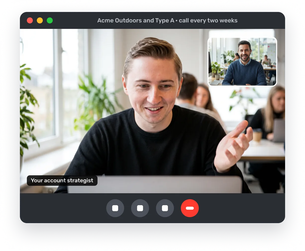 A video call between the client and their account strategist, who explains progress from the Type A office