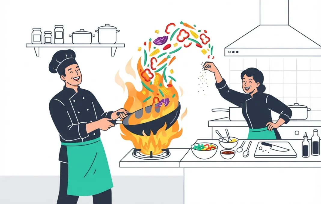A chef tosses colourful vegetables in a flaming wok while a second cook adds seasoning