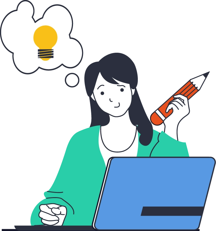 Ideation - A woman holding a pencil with a lightbulb